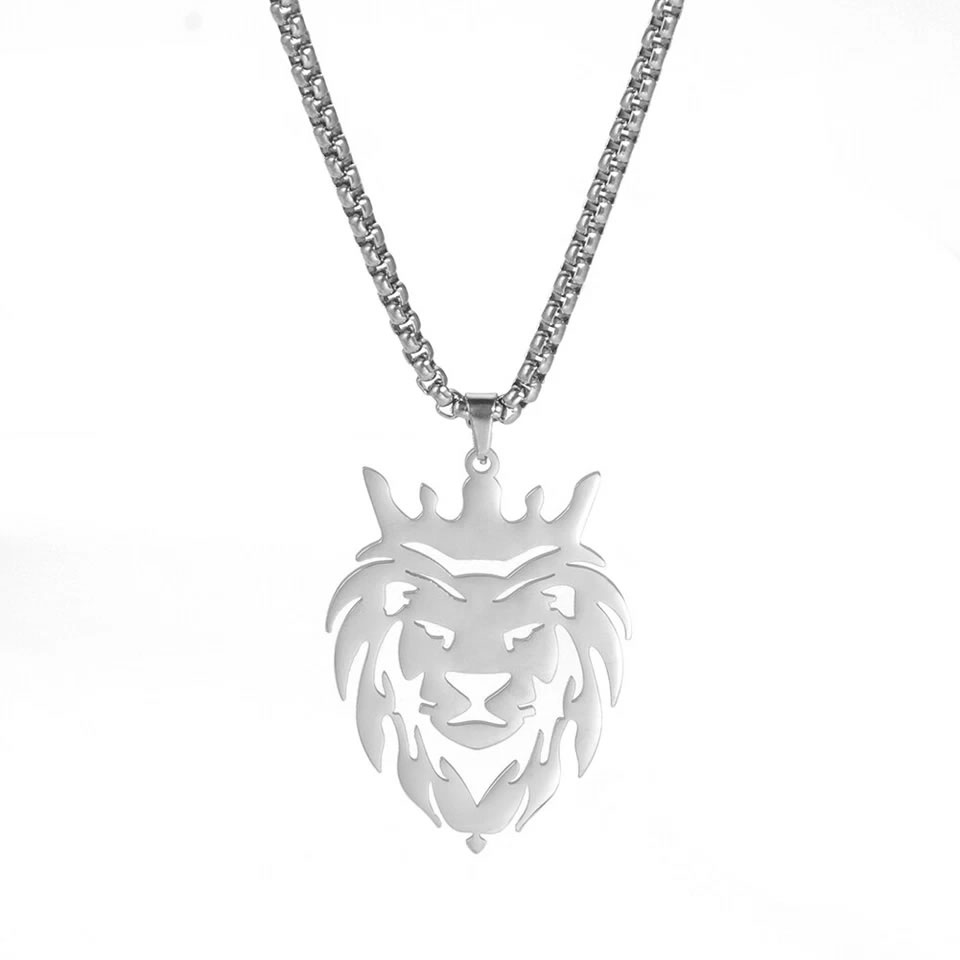 Lion King Crown Necklaces for Men Punk Animal Stainless Steel Pendant Necklace